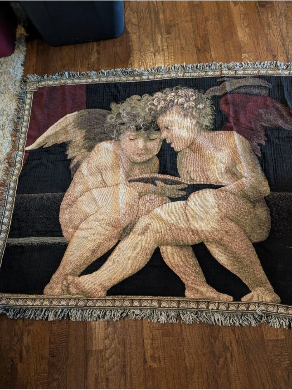 Chatam Vintage Tapestry Throw Cherub Angels Rosso Fiorentino artist 100% Cotton